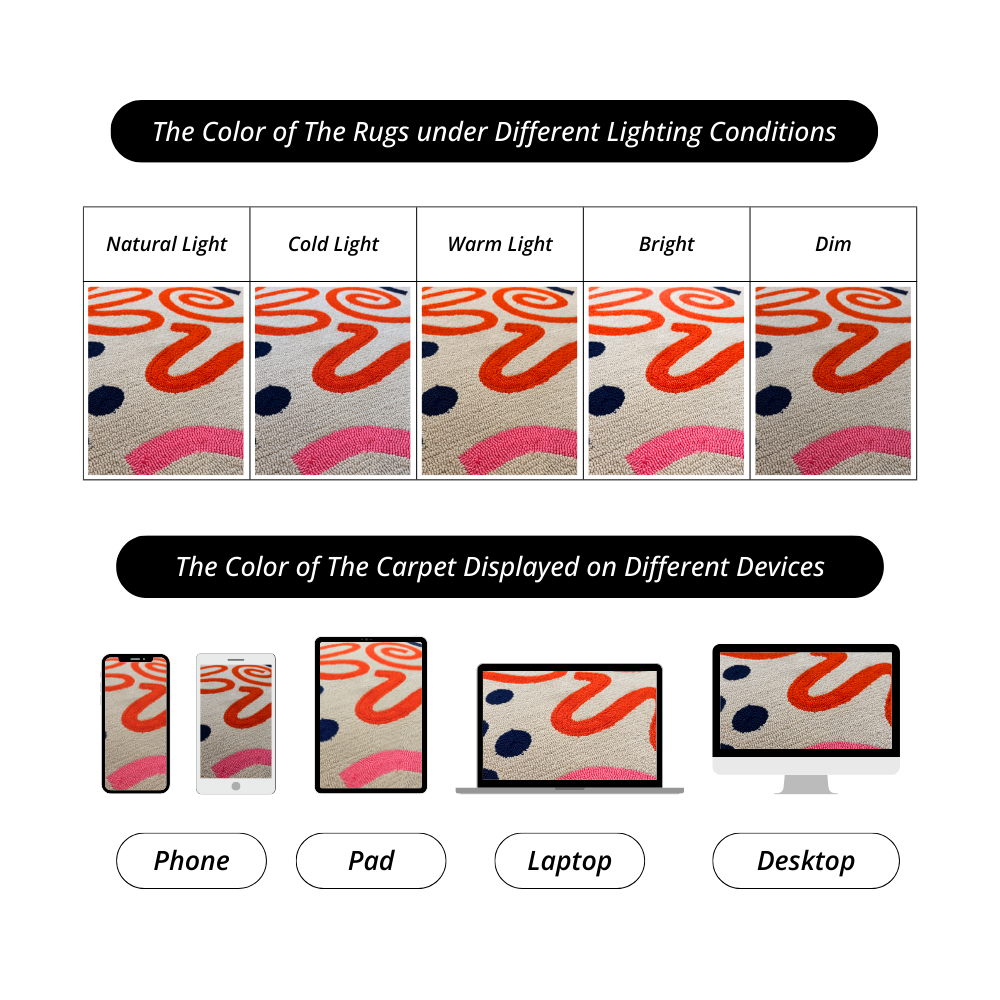 Desert Sand rug color variations under different lighting and device settings