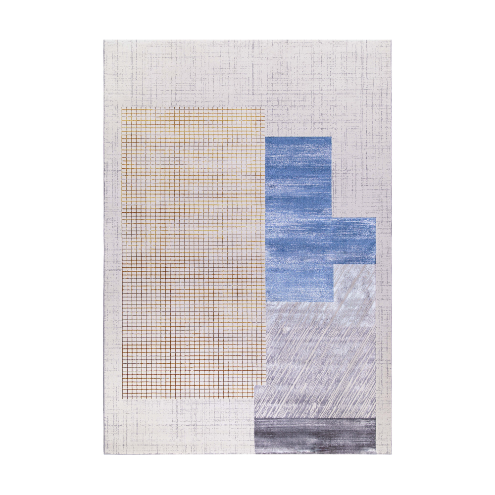 Ivy modern textured rug with geometric patterns in blue and yellow tones