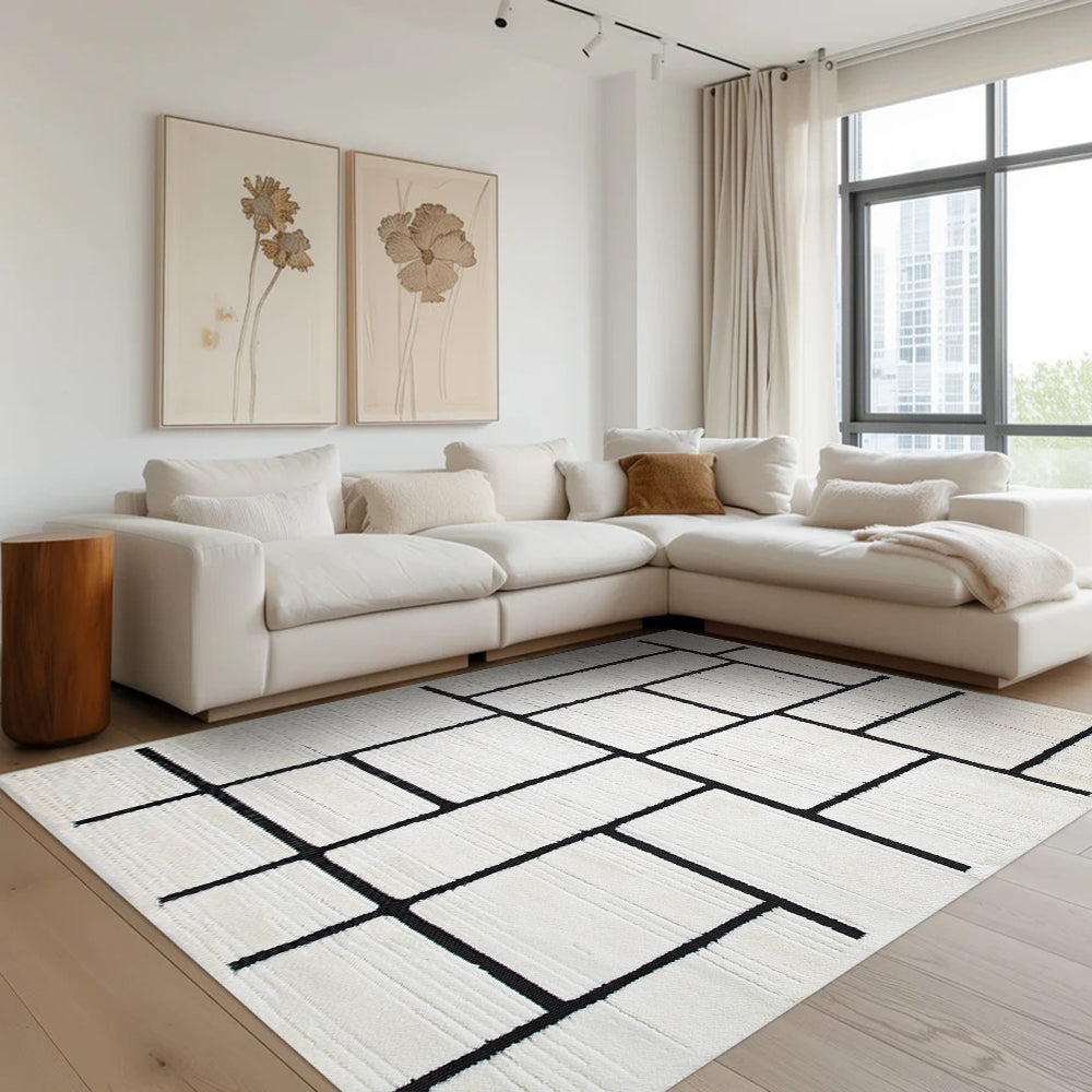 Eldrin geometric textured rug in cream and black for modern living space
