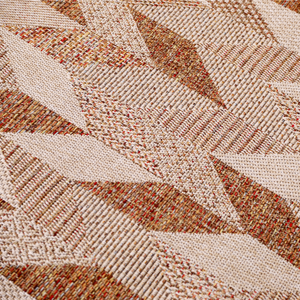 Braided woven rug featuring geometric patterns in warm beige and brown shades